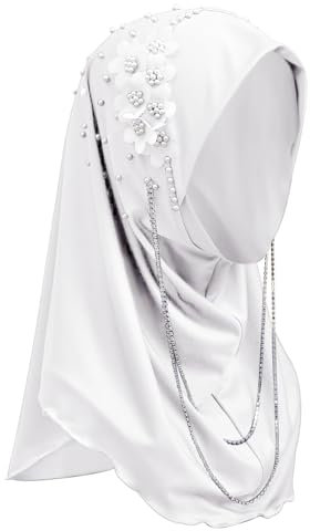 Muslimischer Frauen Hidschab Damen Stirnband mit Blumen Eleganter Hijab mit Perlen und Kette Atmungsaktiv Schal Arabischer Schleier Hübsches islamisches Kopftuch für Alltagsleben, Gebet, Kirche