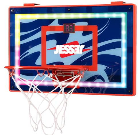 Jesser Hoop Over The Door Mini Basketball Hoop – 2 Gameplay Modes: Shot Clock or Score Keeping, 5 Exclusive Ball, Electric LED Scoring, Net, Air Pump - Indoor Sports Fun for Kids 6+