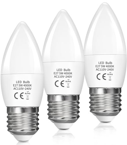 LED Candle Light Bulb E27 5W, Edison Screw E27 C37 LED Candle Bulb 40W Equivalent, 470LM 4000K Daylight Natural White, ES Energy Saving Light Bulbs, Non-Dimmable, Pack of 3