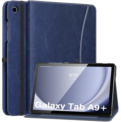 MoKo Funda para Samsung Galaxy Tab A9 Plus 11 Pulgadas 2023, Carcasa Cuero PU Premium con Soporte Múltiples Ángulos, Correa de Mano y Bolsillo Frontal Auto Activación/Reposo, Azul Marino