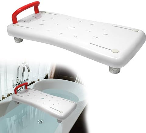 Suusolny Badewannensitz Senioren 70x31cm Badewannenbrett zum Sitzen Verstellbar 41-63cm Sitzbrett Wannenbrett Badewanne Brett Duschbrett Seifenablage & ergonomischer Griff bis 150KG - Rot Griff