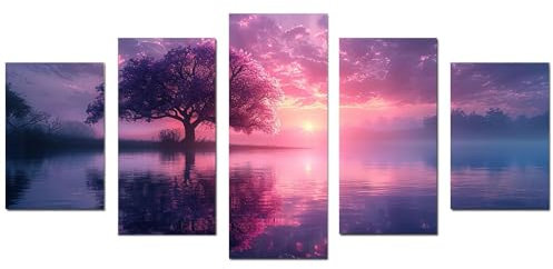 JOSUE 5-teiliges Set Leinwandbilder Baum Des Lebens Lila Sonnenuntergangsbaum Painting Bilder Leinwand,Lila Wandbilder Wohnzimmer Wanddeko Badezimmer Dekor-80x150cm Ungerahmt