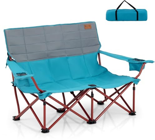 COSTWAY 2/3 Person Folding Camping Chair, Heavy-Duty Camp Loveseat with 2 Cup Holders, Cotton Padding & Storage Bag, Oversized Portable Beach Chair for Picnic Travel Campsite (Blue, 148 x 70 x 80 cm)
