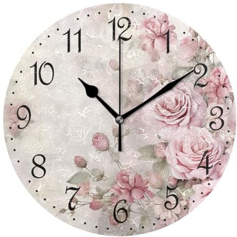 Mnsruu Wall Clock Vintage Pink Roses Silent Non-Ticking Decorative Wall Clocks Battery Operated 25x25cm for Home Living Room Kitchen Bathroom Bedroom