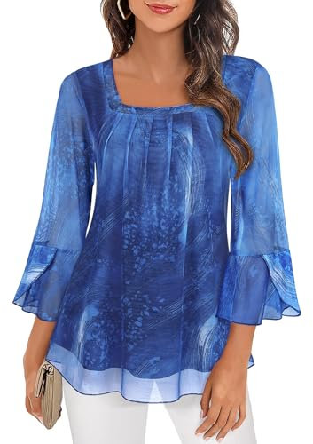 Women Summer Top Casual Square Neck 3/4 Sleeve Chiffon Tops for Women UK Ladies Tops 22-24 Long Tops to Wear with Leggings Flattering Wedding Evening Work Office Going Out Tops Party Tops Fall Shirts