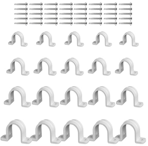 20 pcs Pipe Clamps, CNYMANY 2 Holes PVC Conduit Strap Clips SCH 3/8 1/2 3/4 1 Inch with 40 pcs M4.2 Screws, Plastic White Conduit Mounting U Brackets with Screw Holes for Fixing Water Piping Support