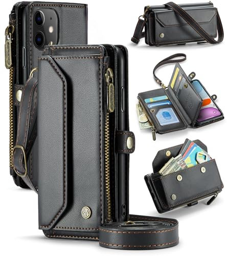 UFinetech Crossbody Wallet Case Hülle für iPhone 11 - RFID-Blockierung, Kabelloses Laden, Stoßschutz, Verstellbarer Gurt, Kartenfächer, PU-Leder, Integrierter Ständer, Schwarz
