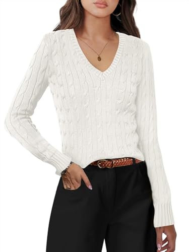 LLECDASEUI Women's Long Sleeve V Neck Cable Knit Sweater Jumper 2024 Fall Pullover Top Cute Soft Ladies Dressy Casual Outfits (M,Cream White)