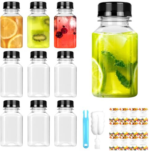 Small BPA-Free Plastic Bottles With Lids - 5oz/150ml, 9pcs Leak-Proof Mini Bottles for Smoothie, Juice, Water, Milk - Reusable Ginger Shot Containers for Mini Fridge (Black)