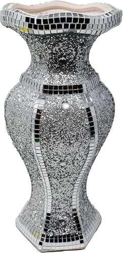Crushed Diamond Sparkle Vase, Silver Ceramic Floral Sculpture, 25cm, Glittering Mirrored Centrepiece (Silver, 30cm)