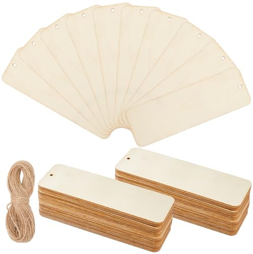 SOFPLATE 50 Stück Große Lesezeichenrohlinge Aus Holz 6x239.4cm Große Lesezeichenrohlinge Aus Holz Unlackierte Geschenkanhänger Aus Holz Mit 12 m Kordel Lesezeichen Bastelset Zum Bemalen Beizen DIY Les