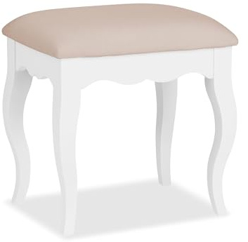 Statement Furniture Romance Dressing Table Stool – French Style Upholstered Vanity Stool, Padded Seat, Wooden Curved Legs, Bedroom Makeup Stool (true white)