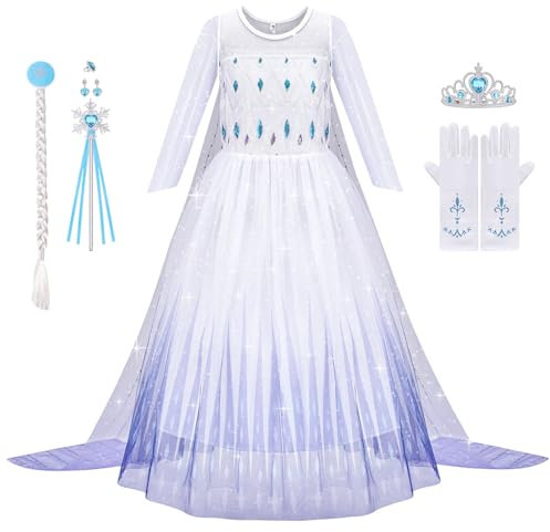 Aomig Elsa Princess Costume Kinder 6Pcs Prinzessin Dress Up for Girl Mädchen Kostüm Kleid mit Krone Ohrringe Perücke Handschuhe Halskette Fancy Dress Cosplay Party Halloween Role Play Masquerade 140cm