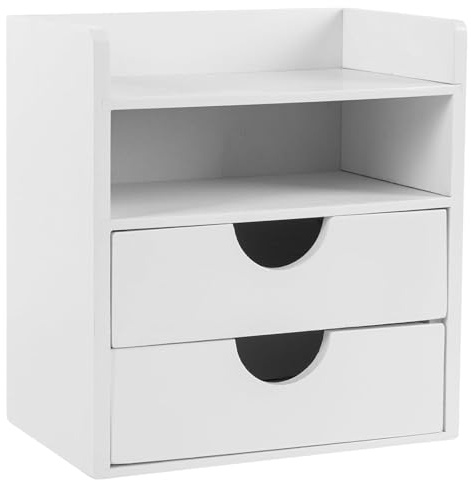 woodluv Desktop Organiser With 2 Drawers, Mini Shelf Storage Box, Drawer Storage For Home Workspace Office Supplies, White - 19.4 (L) x 13 (W) x 21 (H)