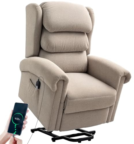 HOMCOM Riser Recliner Chair for Elderly Velvet Power Lift Chair Khaki | Layered Padded Backrest, Wide Seat, USB Port, Remote, Side Pockets, Living Room