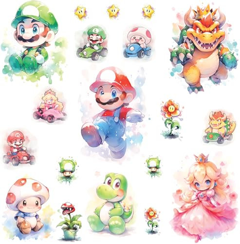Mario Wandaufkleber | Wandsticker Set 5 Blätter A4 | Kinderzimmer Deko | Spielzimmer Sticker | Abziehbare Wandtattoos | Mario Motiv | Gaming Deko | Bunte Aquarell Designs