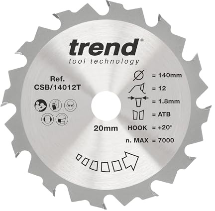 Trend 140mm TCT Wood Circular Saw Blade, 20mm Bore, 12 Teeth, Coarse Cut | Ideal For Fast Coarse Cuts In Softwood And Timber. 1.8mm Kerf, +20° Hook And TCT Teeth For Clean Cutting, CSB/14012T