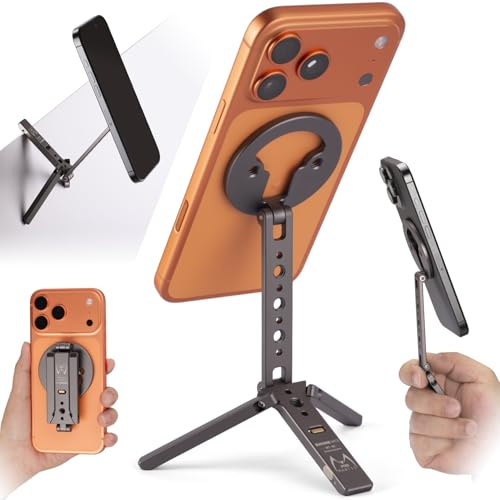 Magnetic Tripod for iPhone, Magsafe Mount with Hook, Cold Shoe & 1/4 Screw | Fits iPhone 12‑17 & Magsafe‑Compatible Devices. Ultra‑compact foldable design for vlogging, travel & handheld selfie shooting