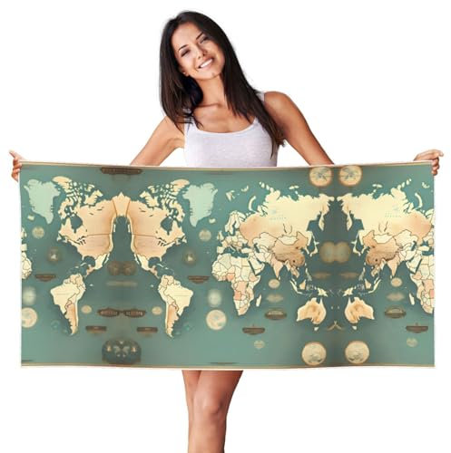 YANYU Badetücher mit Weltkarte, Retro-Druck, Strandtuch, übergroß, schnell trocknend, Handtuch für Erwachsene für Reisen