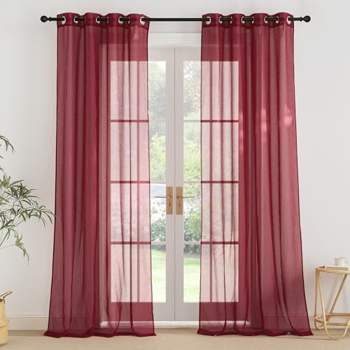 PONY DANCE Extra Lange Vorhänge 260 cm Lang Vorhang Rot Transparent Ösenschal 2er Set H 260 x B 140 cm Wohnzimmer Vorhänge mit Ösen Voile Gardinen Durchsichtig Leinenoptik