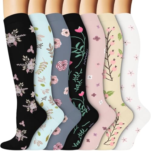 ACTINPUT Kompressionsstrümpfe Damen und Herren,7 Paar Kniestrümpfe Stützstrümpfe Kompressionssocken Lustige Bunte Damen Socken für Flug,Sport,Reisen, Radsport, krankenschwester(7104 - Schwarz,L-XL)