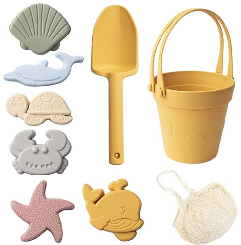 HDBHSBE Toys de Sable pour Enfants, 8 pcs de Plage en Silicone en Toute sécurité avec Pelle, Seau et Moule Sable, boîte étanche pour Voyager en extérieur en extérieur, Plage en Silicone, Tout-Petit