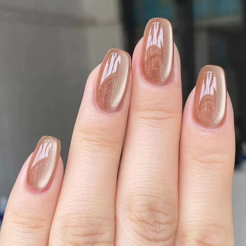 Viugex 24Pcs French Press on Nails Kurz Eckig, Milchtee Katzenauge Nägel zum Aufkleben, Glänzende Full Cover Kunstnägel zum Aufkleben, Natürlich Künstliche Fingernägel Acryl Falsche Nägel für Frauen