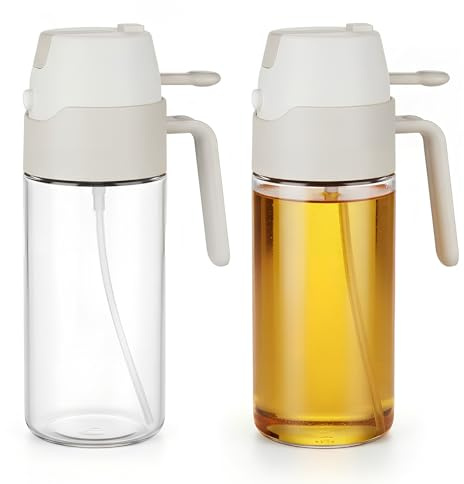 Colexy 2 Stück Öl-Sprühflasche, 2-in-1 Ölsprüher Ölspender, Ölsprüher 550ml aus Glas, Sprühflasche für Olivenöl, Öl Sprüher Ölzerstäuber für Heißluftfritteuse, Grillen, Backen, Salate (Weiß)