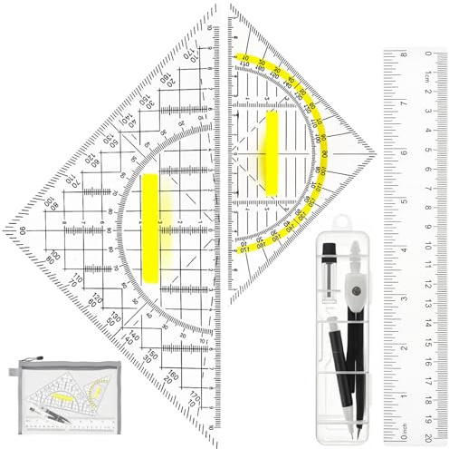 Geodreieck Set Zeichen Set - 5-teiliges Set mit 20 cm und 14 cm Geometriedreieck mit Griff, Lineal 20cm, Zirkel & Netztasche – Dreikantmaßstab kombiniert Längen- und Winkelmessung
