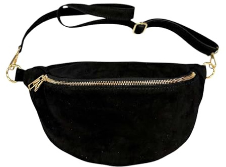 Jeamis Wildleder Rauhleder Crossbody Tasche Gürteltasche Bauchtasche Umhängetasche Veloursleder Leder Tasche Made in Italy (Schwarz)