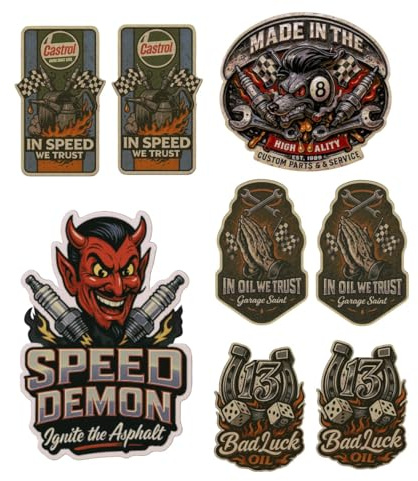 vinskool 8X Speed Demon Vintage Aufkleber je 6cm / 3cm Breite Oldtimer Racing Youngtimer Auto Tuning V8 USA Hot Rod Rockabilly Rennsport Muscle Car Retro Look Oldschool Devil 666