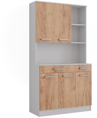 Vicco Küchenbuffet Raul, Weiß/Goldkraft Eiche, 100.1 x 188.5 cm | mit 5 Türen & 2 Schubladen, mit offener Geräteablage und erweiterbarem Stauraum