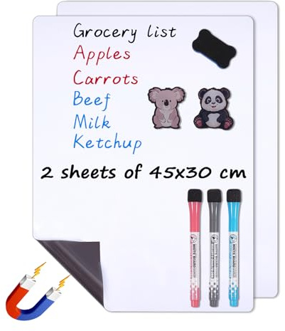Magnetische Whiteboard-Folie für den Kühlschrank – 2er Pack 45 x 30 cm | kleine Magnettafel für die Küche, trocken abwischbar, schmutzabweisende Oberfläche, inkl. 3 Markern und 1 Radierer