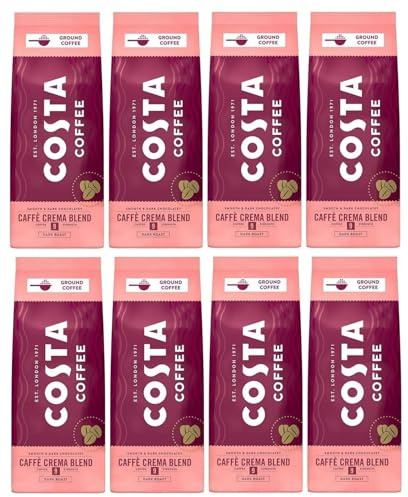 Costa Coffee Caffè Crema Blend Dark Roast Ground Coffee 200g (Pack of 8, Total 1600 Grams)