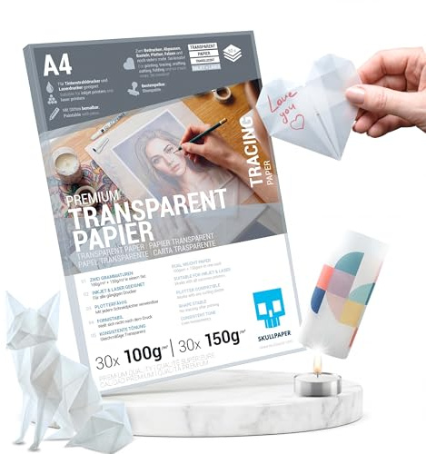 SKULLPAPER® Transparentpapier A4 – 60 Bogen (30× 100g + 30× 150g) | Inkjet & Laser | bedruckbar, plotterfähig, formstabil | Pauspapier Pergamentpapier