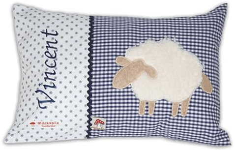Glückspilz Namenskissen personalisiert, Babykissen mit Namen bestickt, Schaf, Dunkel-Blau, 25 x 35 cm