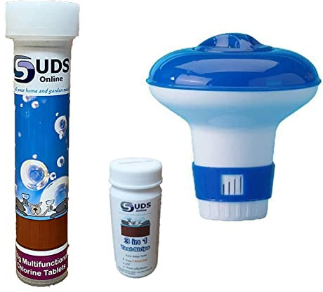 SUDS-ONLINE 10 x 20g Multifunctional Chlorine Tablets + 10 Test Strips +Floating Dispenser for Swimming Pools Spa Hot Tub Paddling Pools