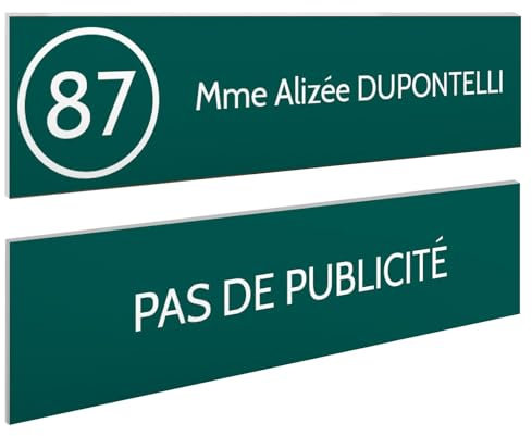 DECOHO - Plaque Boite aux Lettres Personnalisable - Lot de 2 plaques adhésives PMMA Vert foncé Blanc - 100x25 mm, nom et Stop pub, gravur - Vert