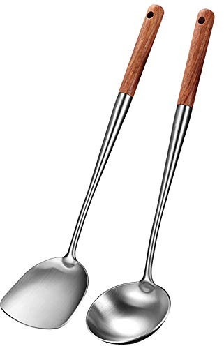 Bestlymood Wok Spatel und Sch？pf L？ffel Werkzeug Set, 17 Zoll Spatel für Wok, Edelstahl Wok Spatel