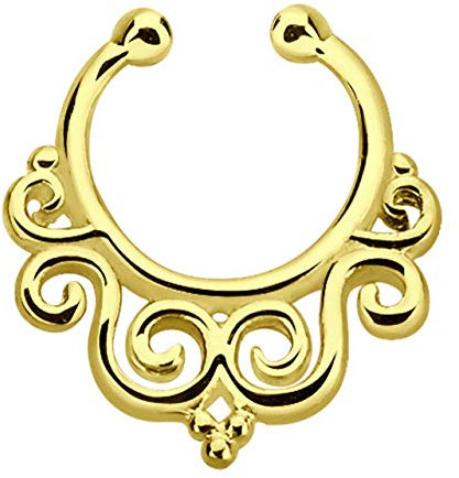 Nasenpiercing Schmuck Fake Ring Septum Clicker Silber 18kt vergoldet mit Ornament, 1,0 x 9 mm