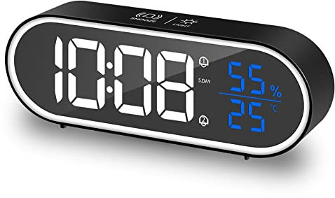HOMVILLA Reloj Despertador Digital, LED Pantalla Reloj Alarma Inteligente Electrónicos con Temperatura/Humedad, 2 Alarma, Snooze, Modo Fin de Semana, Despertado, Sonido y Brillos Regulable, Negro