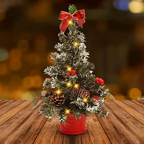 Belle Vous Albero di Natale Piccolo con Luci - Mini Albero di Natale 40 cm con Bacche, Pigne e Fiocchi - Albero di Natale da Tavolo - Albero di Natale Piccolo per Casa, Tavola e Soggiorno