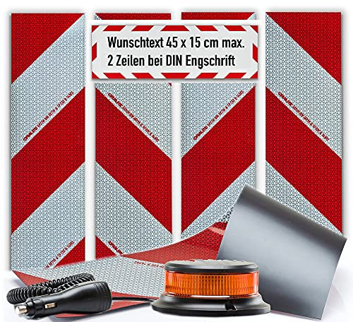 UvV Magnet Kfz-Warnmarkierung Set 4 x 564x141mm gem DIN30710 + Magnet LED Blitzer + Zusatzschild in der Größe 45x15 mit Wunschtext