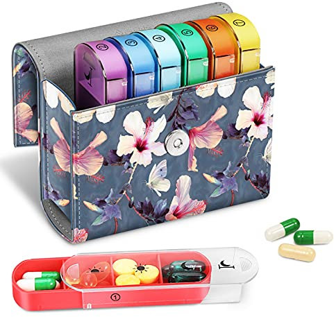 FINPAC Pilulier hebdomadaire avec sacoche en cuir PU, 7 Jours 4 fois par jour Organisateur de pilule de voyage avec carte Nom pour Matin Midi Soir Coucher pour pour vitamines, médecine, Fleur Hibiscus