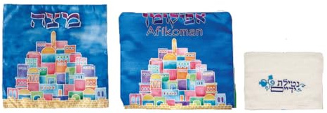 Ayuni Gifts of the World Moderner bedruckter Satin-Matza-Bezug & Afikomen-Tasche + besticktes Handtuch für Passover Seder (Jerusalem)