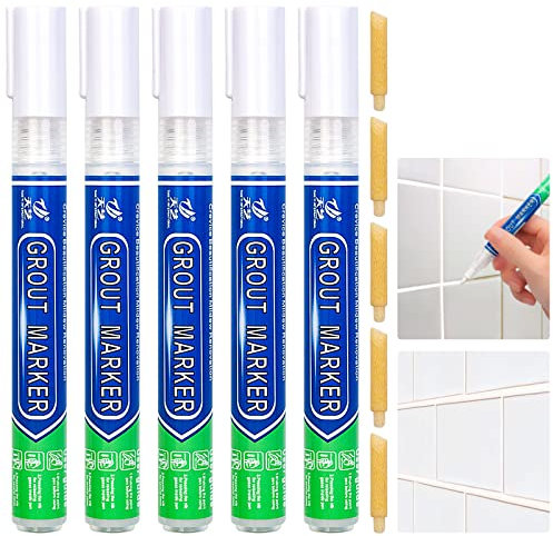5 Pcs Tiles Grout Pen, Tile Grout Pen White Wall Repair Pens, Tile Grout Reviver Pens for Tile Grout Wall Floor Bathrooms and Kitchen Restoring Grout Joints