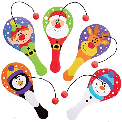 Baker Ross FX396 Mini Paddleballschläger Weihnachten - 10er Pack, Kleine Adventskalendergeschenke für Kinder, Nikolaus Geschenke für Kinder