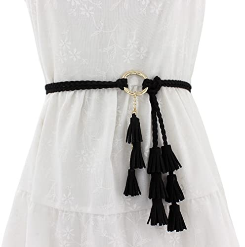 FAIRYGATE Black Belt Womens for Jeans Dress Pants Thin Braided Trendy Boho Waistband Tassel Waist Belts for Women Dress A1007