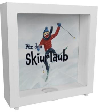 Rahmen Spardose aus Holz mit lustigem Skifahrer-Motiv und Spruch - Für den Skiurlaub als lustiges Geschenk für Skifahrer die etwas Geld für den nächsten Skiurlaub oder die