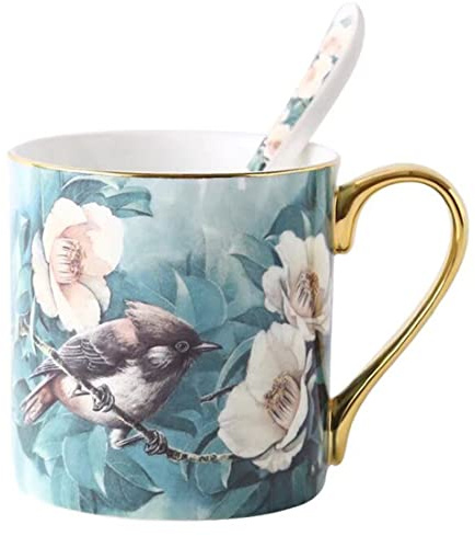 YBKTEX Bone China Teacup, 12oz- Birds& Trees (Turquoise)